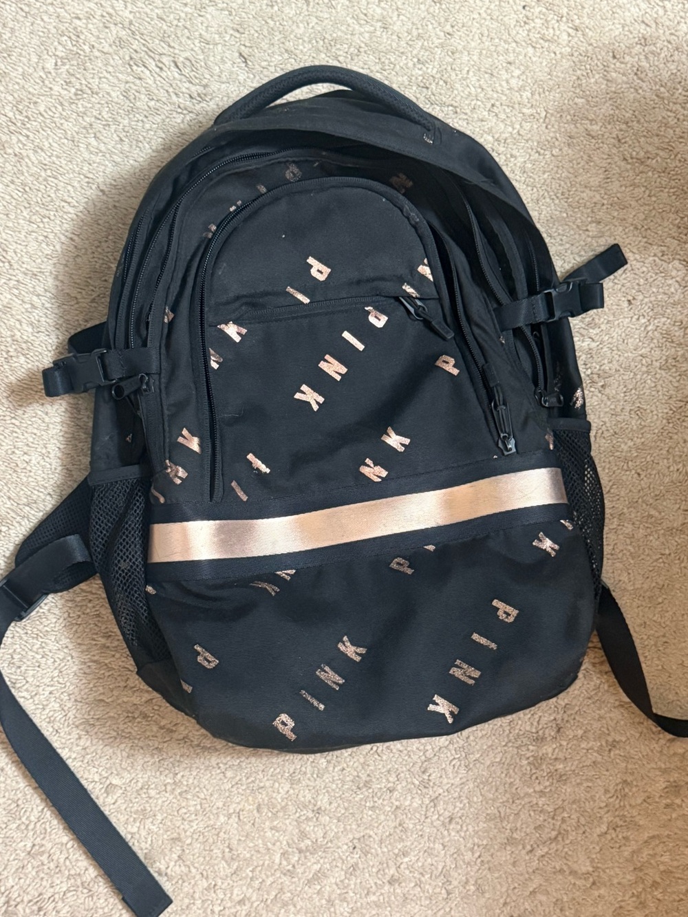 PINK Victoria's Secret Black Campus Backpack with Rose Gold Accents